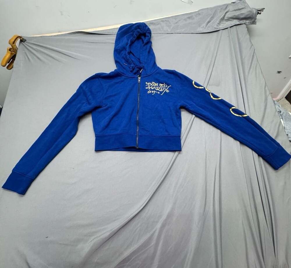 Ed Hardy Full Zip Cropped Hoodie Size M Blue Tiger Graphic